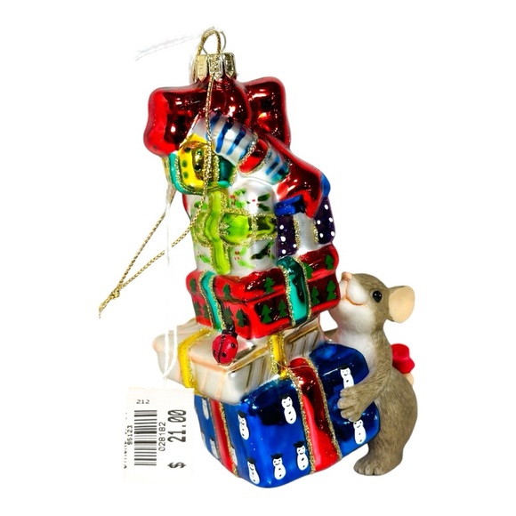Charming Tails Blown Glass Christmas Tree Ornament Stacks Of Joy In Box with tag - Picture 2 of 10